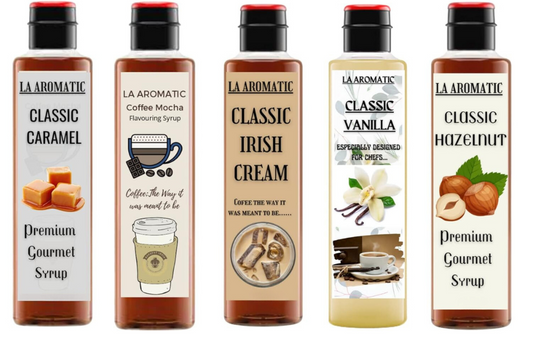 La Aromatic All Exotic Coffee Syrups Combo of 5 flavours (Hazelnut,Vanilla,Irish Cream,Caramel,Coffee Mocha)-200ml Each