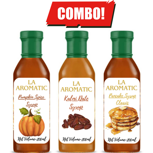 La Aromatic Gourmet Syrups Combo of Pancake syrup,Kalmi date Syrup and Pumpkin Spice Syrup-200ml Each